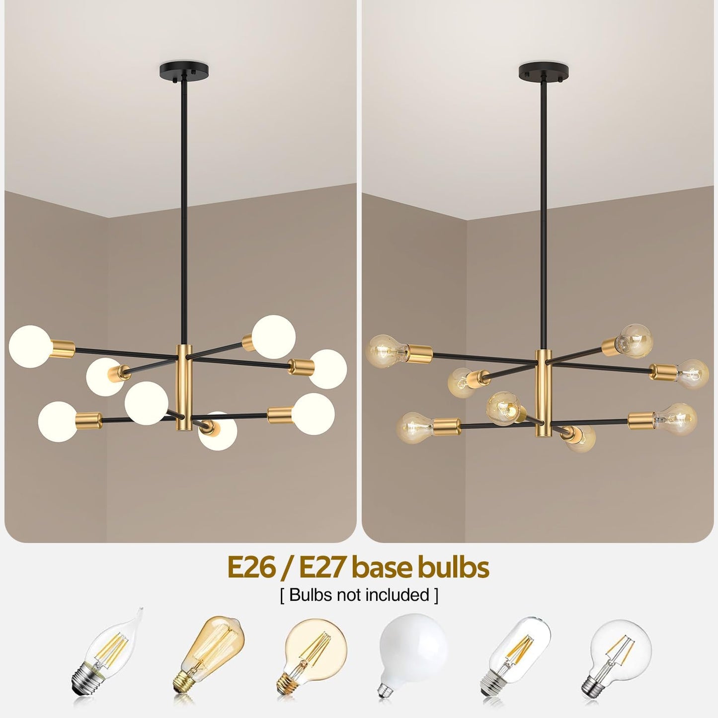 Modern Sputnik Chandelier 8 Lights Height Adjustable Ceiling Light Fixture Mid-Century Modern Gold Chandelier for Dining Room Bedroom Kitchen Living Room with Sloped Ceiling Adapter