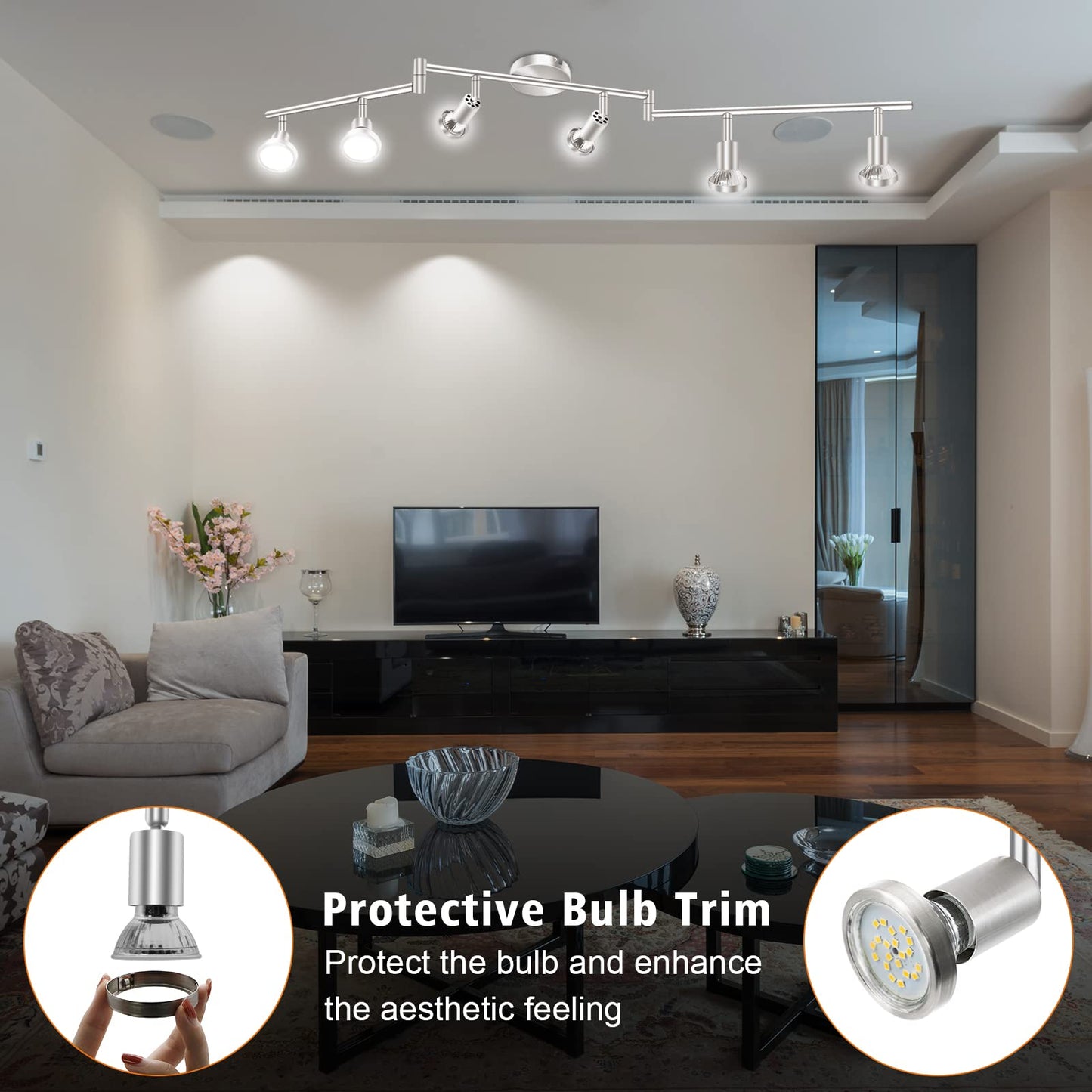 LED Ceiling Light 6 Way Rotatable Spot Lights for Ceiling,Flexible Ceiling Lights for Bedroom,Living Room,Nickel with Protectiv Bulb Trims(Gu10 Bulbs Not Included)