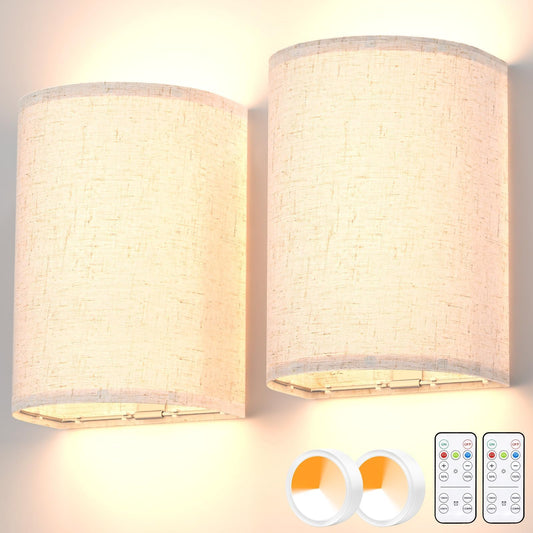 Battery Operated Wall Sconces Set of Two, Rechargeable Wall Lamp with Remote, 3 Colors Dimmable Fabric Wireless Sconces Wall Decor Set of 2 with Timer for Bedroom Living Room