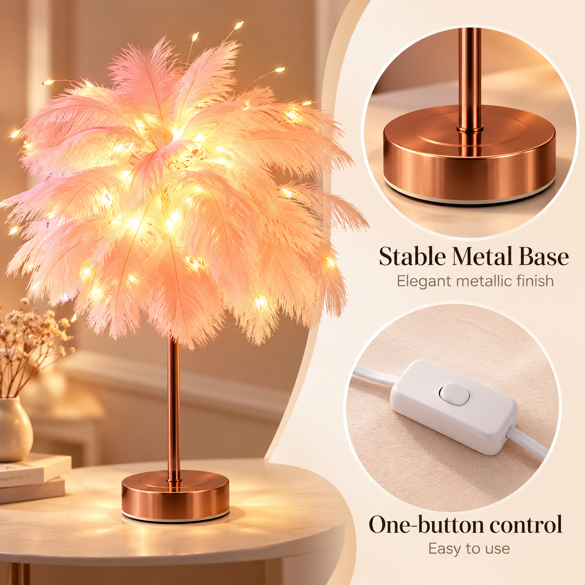 Ostrich Feather Table Lamp Pink, 80 Hand-Woven Natural Feathers, 3 Colour Temperature Touch Dimming, USB Rechargeable LED Bedside Lamp with Gold Metal Base