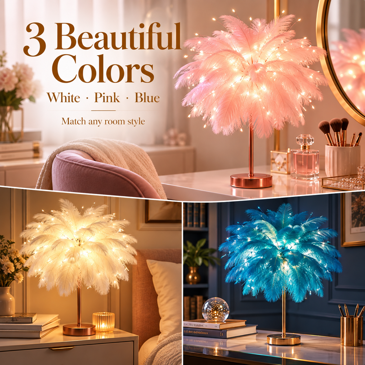 Ostrich Feather Table Lamp Pink, 80 Hand-Woven Natural Feathers, 3 Colour Temperature Touch Dimming, USB Rechargeable LED Bedside Lamp with Gold Metal Base