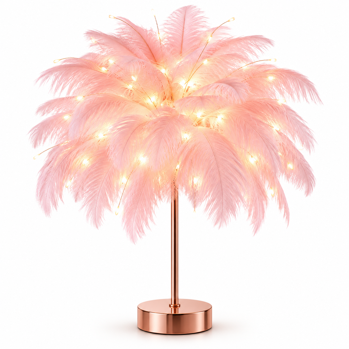 Ostrich Feather Table Lamp Blue, 80 Hand-Woven Natural Feathers, 3 Colour Temperature Touch Dimming, USB Rechargeable LED Bedside Lamp with Gold Metal Base