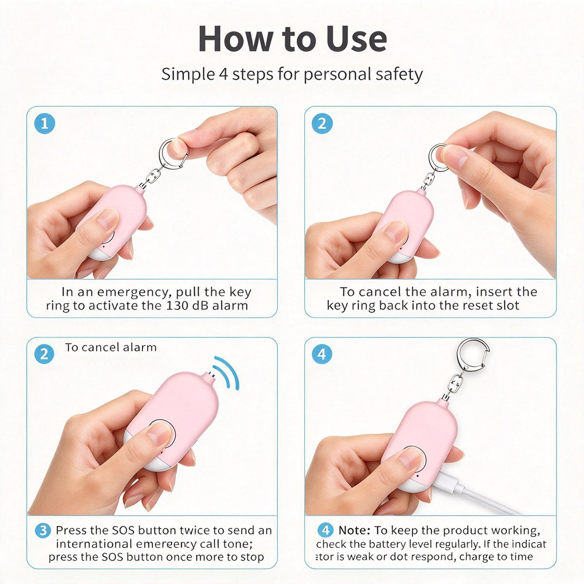 Rechargeable Personal Safety Alarm Flashlight B300 Pink English Packaging, Loud Self‑Defense Security Device, Christmas Outdoor Emergency Personal Alert Tool