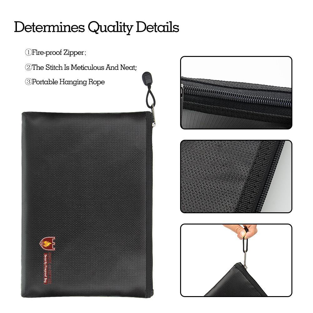 Medium Black Fire‑Resistant Waterproof Document Bag 34x24cm Velcro Zipper, Large‑Capacity Receipt Card Pouch, Holiday Home Document Protective Storage Case