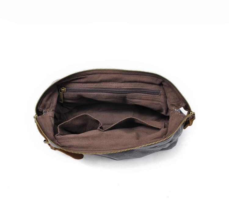 Vintage Waxed Canvas & Cowhide Cylinder Bag, Dopp Kit with Dual Zippers, Commute Travel Crossbody(Dark grey)