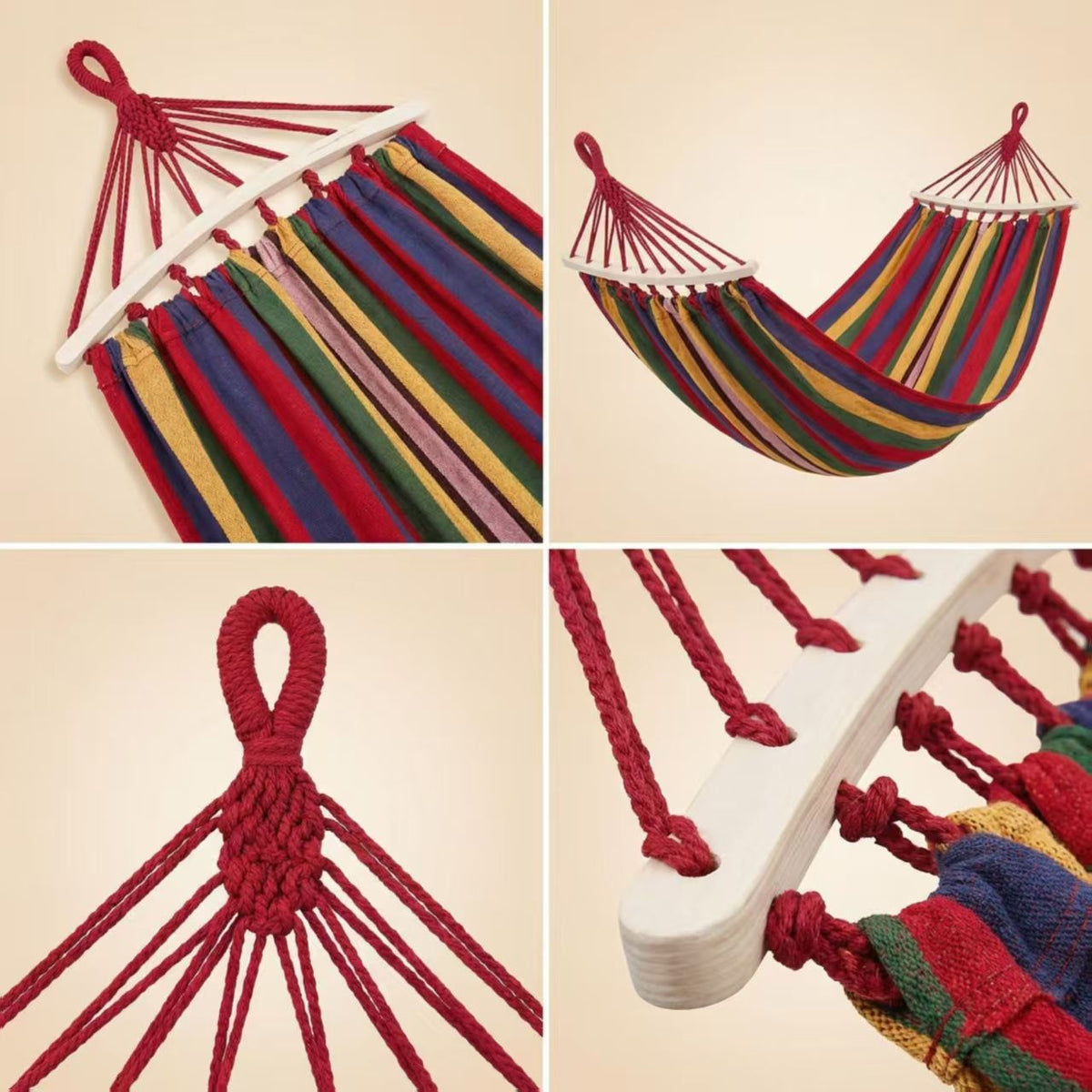 Thick Canvas Outdoor Camping Hammock - Anti-Rollover Portable Hammock for Travel Garden Beach - With Stick Red Stripe 210x80cm