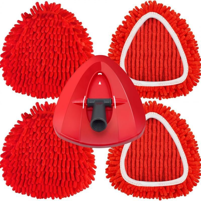 Replacement Microfiber Mop Head Pads Compatible with Vileda Ocedar Spin Mop - Triangle Chenille Cleaning Cloth Refill - Red 4-Pack with Cap