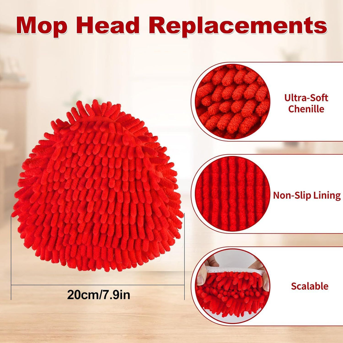 Replacement Microfiber Mop Head Pads Compatible with Vileda Ocedar Spin Mop - Triangle Chenille Cleaning Cloth Refill - Red 4-Pack with Cap