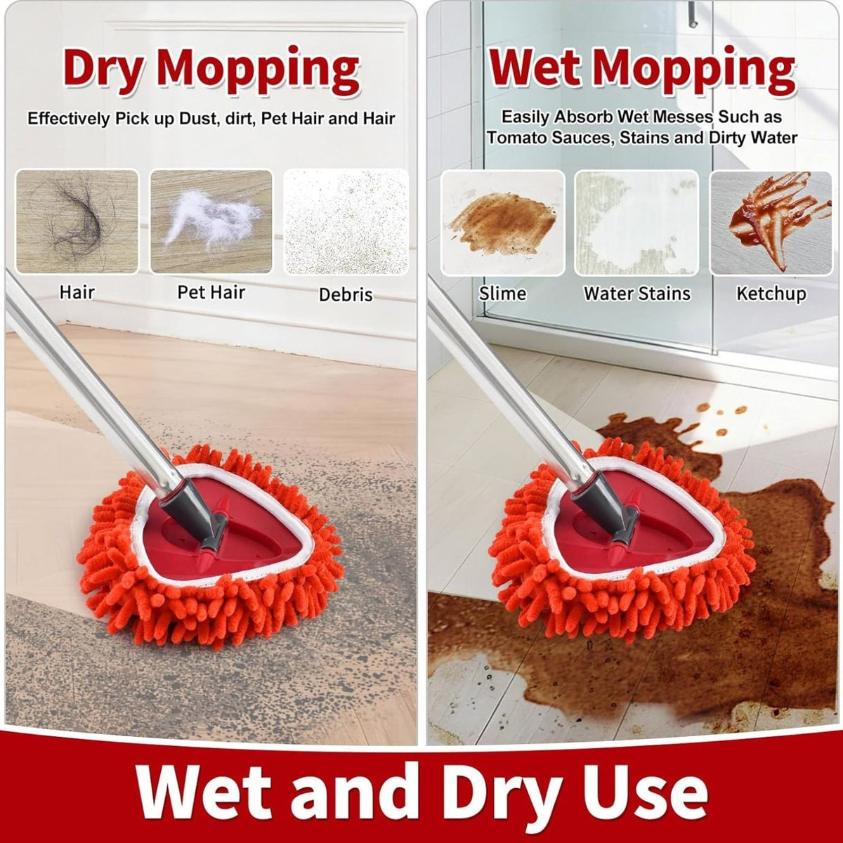 Replacement Microfiber Mop Head Pads Compatible with Vileda Ocedar Spin Mop - Triangle Chenille Cleaning Cloth Refill - Red 4-Pack with Cap