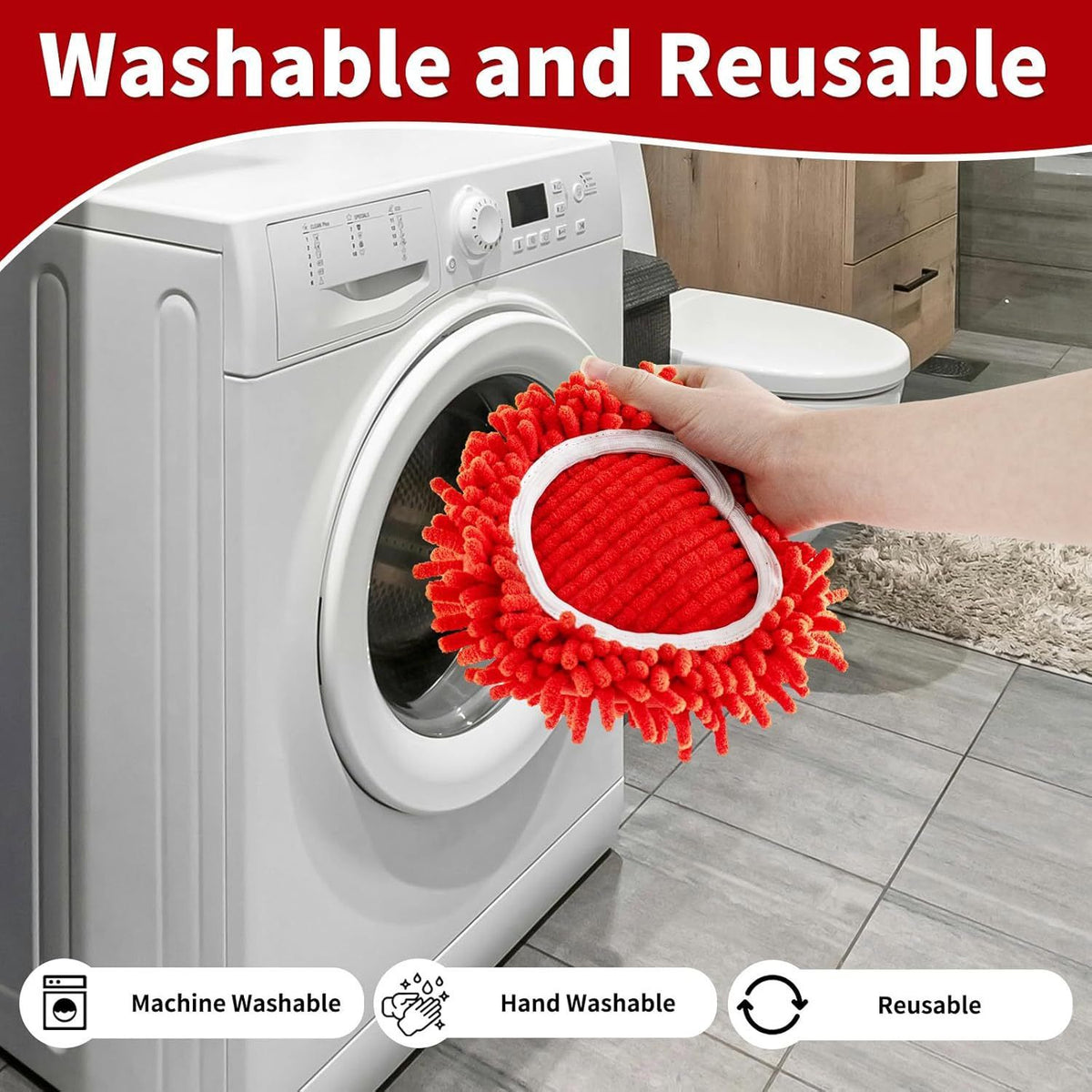 Replacement Microfiber Mop Head Pads Compatible with Vileda Ocedar Spin Mop - Triangle Chenille Cleaning Cloth Refill - Red 4-Pack with Cap