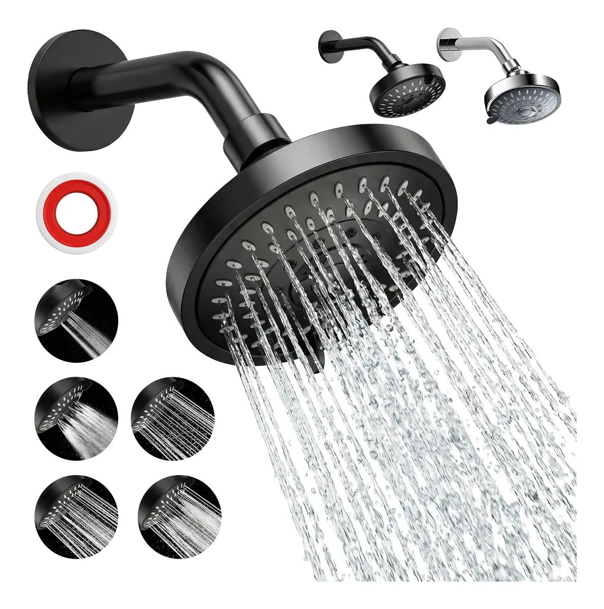 4 Inch Shower Head with 5 Spray Modes - High Pressure Handheld Showerhead for Bathroom Hotel Spa - Black Copper Ball Head with Wall Tube & Tape