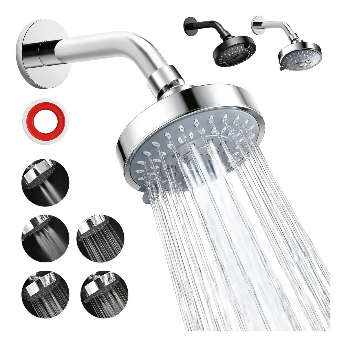 4 Inch Shower Head with 5 Spray Modes - High Pressure Handheld Showerhead for Bathroom Hotel Spa - Silver Copper Ball Head with Wall Tube & Tape