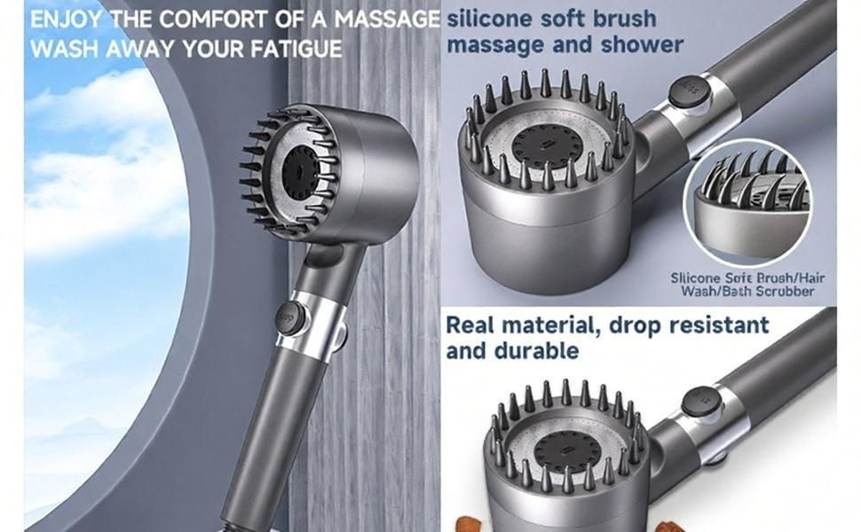 Handheld Shower Head with Brush Massage - High Pressure Filtered Showerhead with Switch for Bathroom - Brush Booster Shower Head
