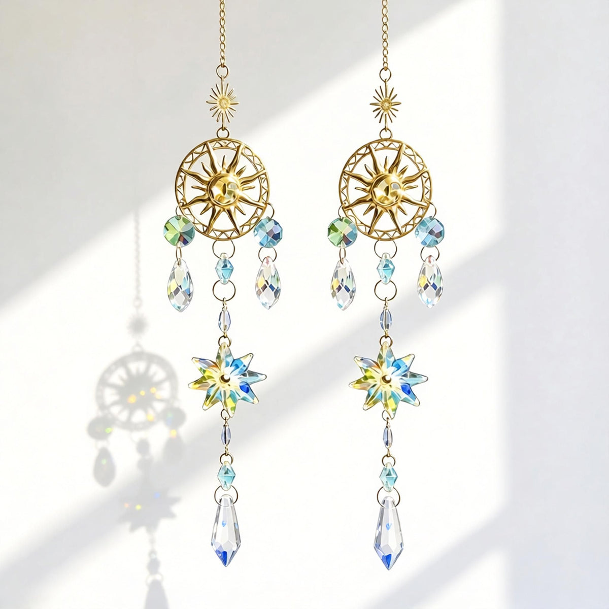 Handmade Crystal Sun Catcher Wind Chime 2-Pack - Hanging Crystal Suncatcher for Window Garden Outdoor Decor - Hand-Woven Sparkling Ornament - Gold