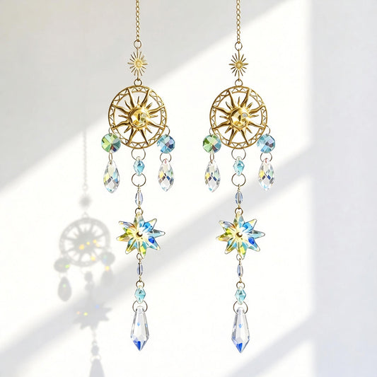 Handmade Crystal Sun Catcher Wind Chime 2-Pack - Hanging Crystal Suncatcher for Window Garden Outdoor Decor - Hand-Woven Sparkling Ornament - Gold