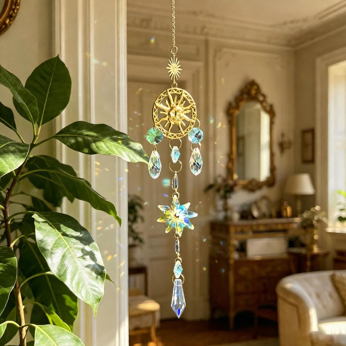 Handmade Crystal Sun Catcher Wind Chime 2-Pack - Hanging Crystal Suncatcher for Window Garden Outdoor Decor - Hand-Woven Sparkling Ornament - Gold