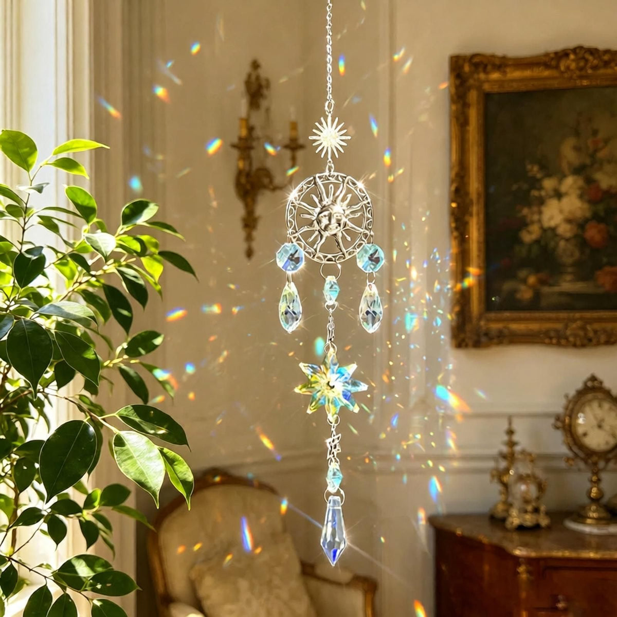 Handmade Crystal Sun Catcher Wind Chime 2-Pack - Hanging Crystal Suncatcher for Window Garden Outdoor Decor - Hand-Woven Sparkling Ornament - Silver