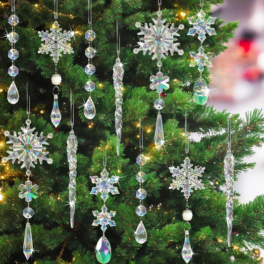 Christmas Crystal Snowflake Ornament 18-Piece Set - Hanging Acrylic Ice Snowflake Decorations for Christmas Tree - with Ribbon - AB Color