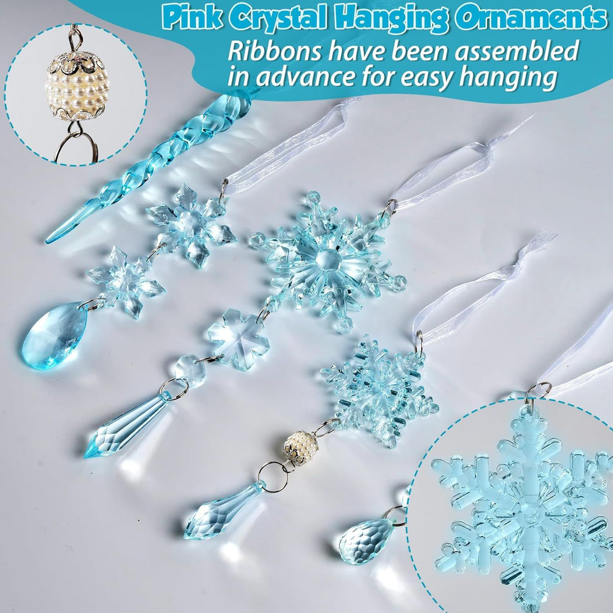 Christmas Crystal Snowflake Ornament 18-Piece Set - Hanging Acrylic Ice Snowflake Decorations for Christmas Tree - with Ribbon - Blue