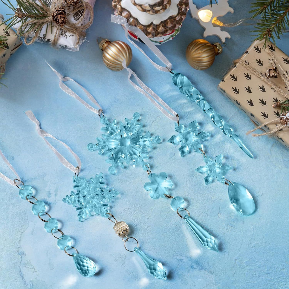 Christmas Crystal Snowflake Ornament 18-Piece Set - Hanging Acrylic Ice Snowflake Decorations for Christmas Tree - with Ribbon - Blue
