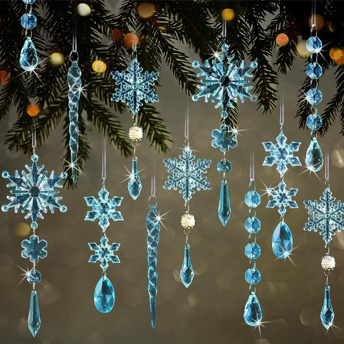 Christmas Crystal Snowflake Ornament 18-Piece Set - Hanging Acrylic Ice Snowflake Decorations for Christmas Tree - with Ribbon - Blue