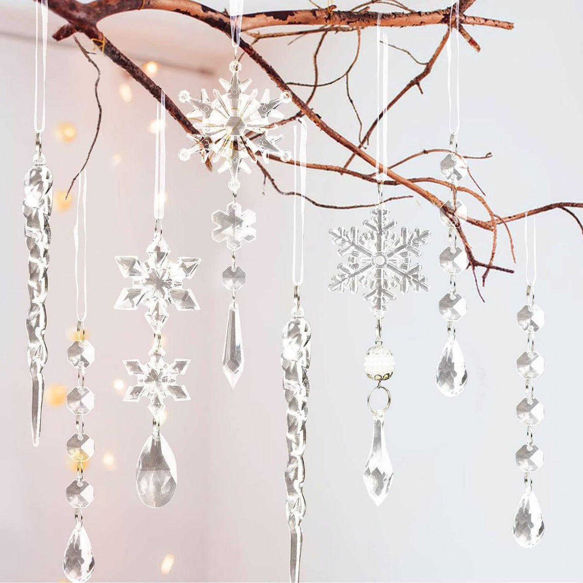 Christmas Crystal Snowflake Ornament 18-Piece Set - Hanging Acrylic Ice Snowflake Decorations for Christmas Tree - with Ribbon - Clear