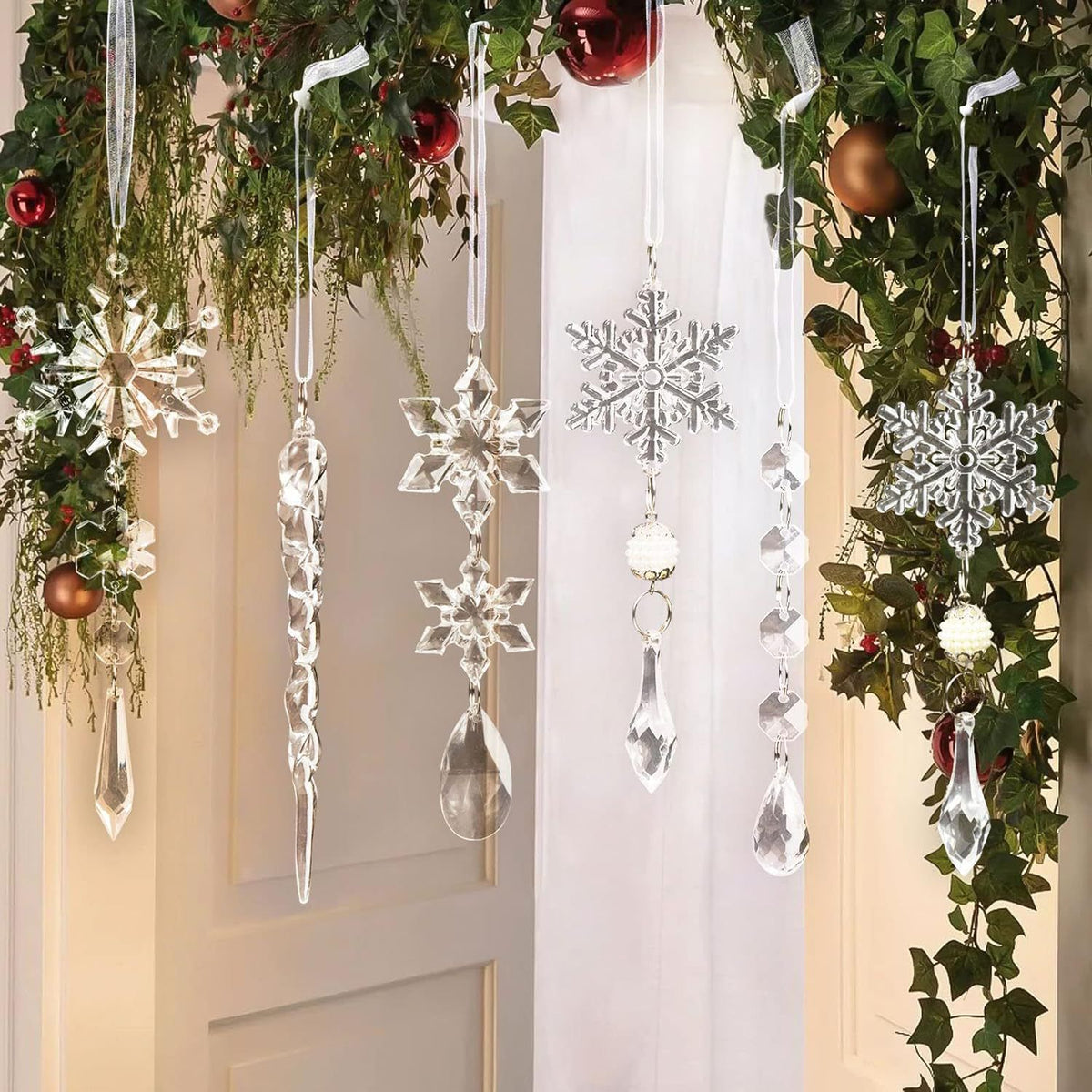 Christmas Crystal Snowflake Ornament 18-Piece Set - Hanging Acrylic Ice Snowflake Decorations for Christmas Tree - with Ribbon - Clear