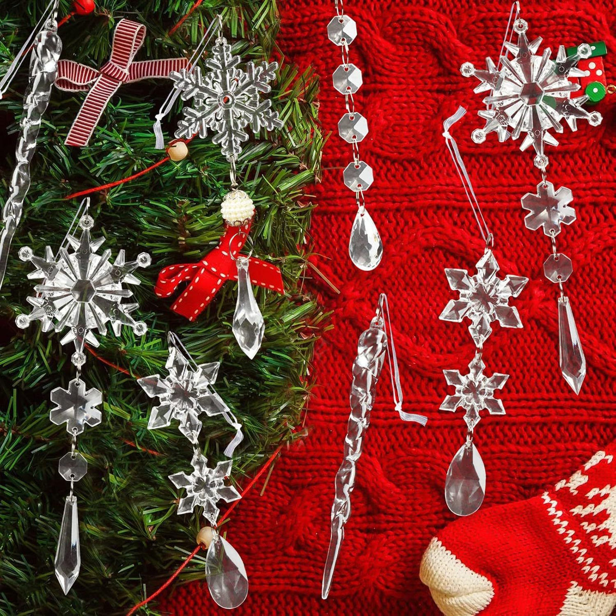 Christmas Crystal Snowflake Ornament 18-Piece Set - Hanging Acrylic Ice Snowflake Decorations for Christmas Tree - with Ribbon - Clear