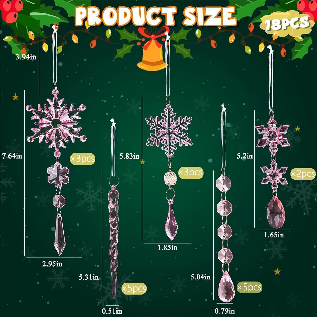 Christmas Crystal Snowflake Ornament 18-Piece Set - Hanging Acrylic Ice Snowflake Decorations for Christmas Tree - with Ribbon - Pink