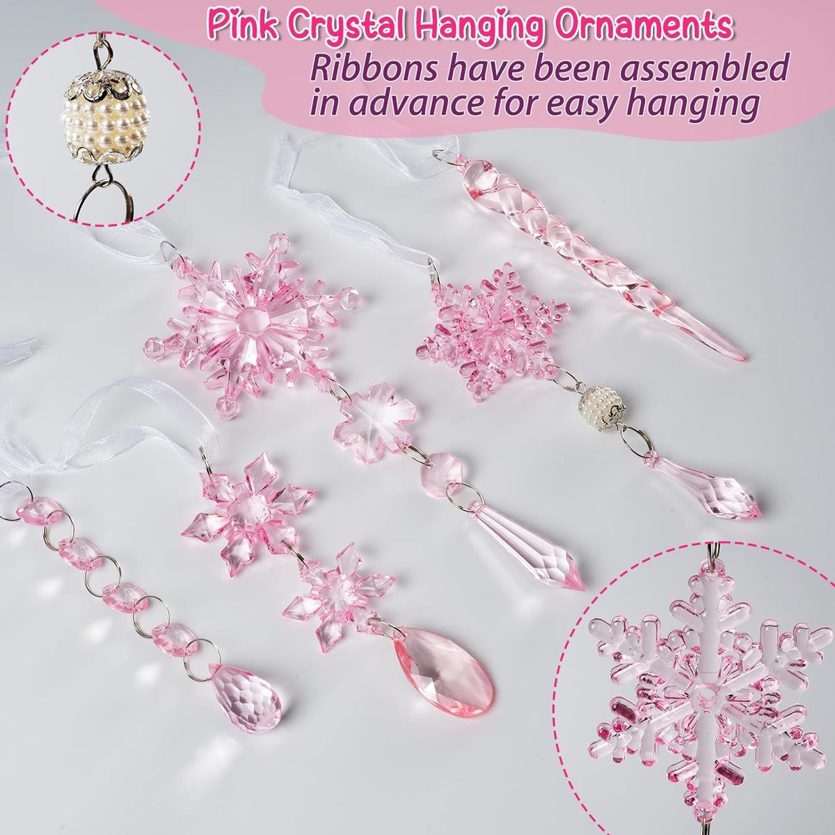 Christmas Crystal Snowflake Ornament 18-Piece Set - Hanging Acrylic Ice Snowflake Decorations for Christmas Tree - with Ribbon - Pink