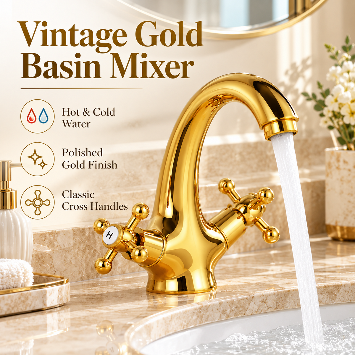 Vintage Gold Basin Mixer Tap Solid Brass Hot & Cold Bathroom Faucet with Cross Handles