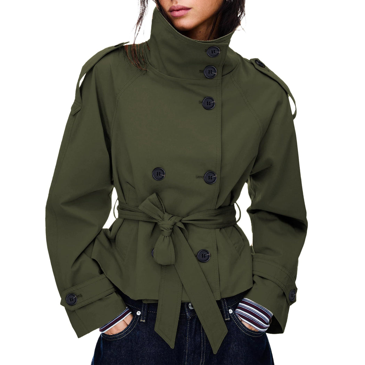 Versatile Women’s Short Trench Coat for Autumn Winter, Ideal for Work, Travel & Casual Layering, S (olive green)