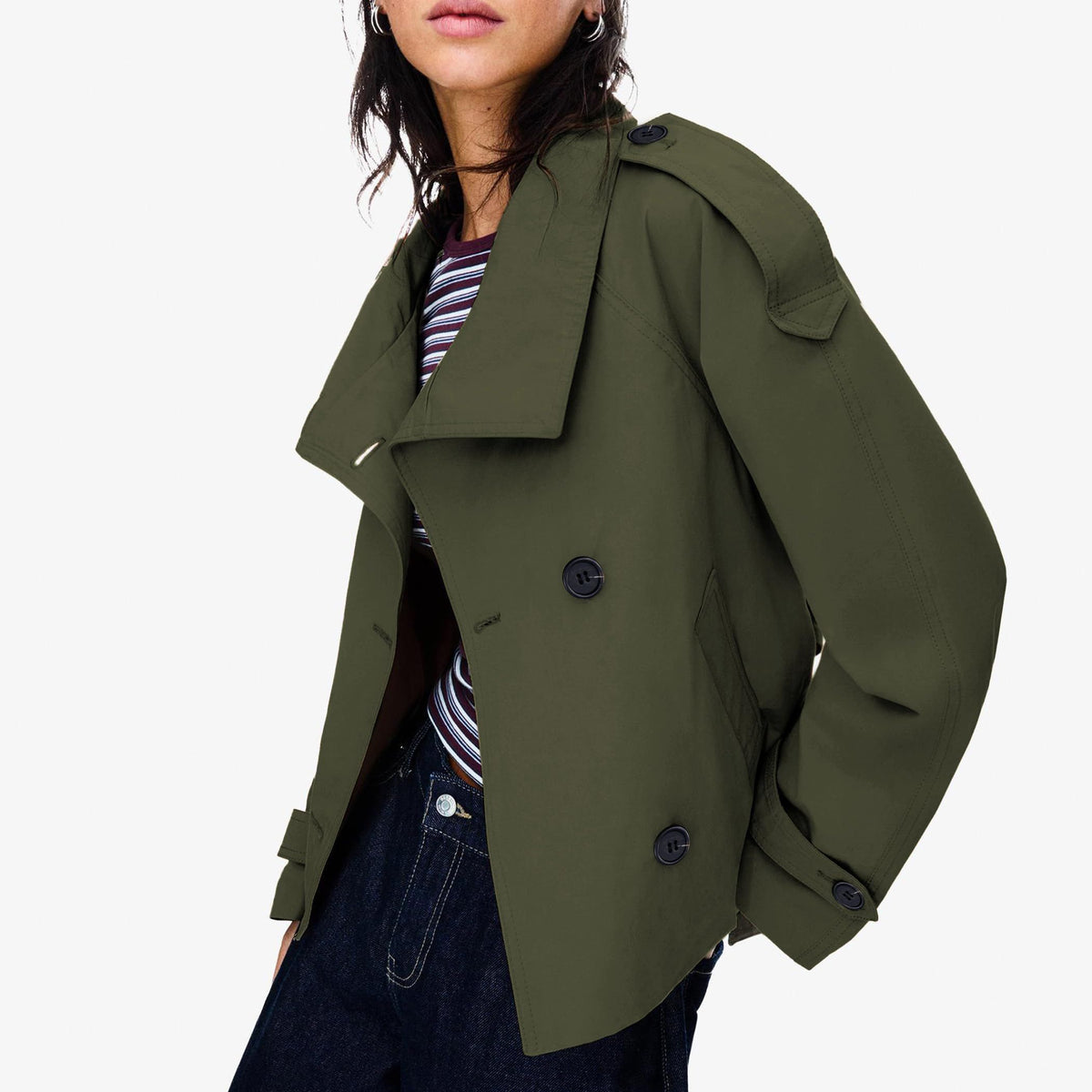 Versatile Women’s Short Trench Coat for Autumn Winter, Ideal for Work, Travel & Casual Layering, S (olive green)