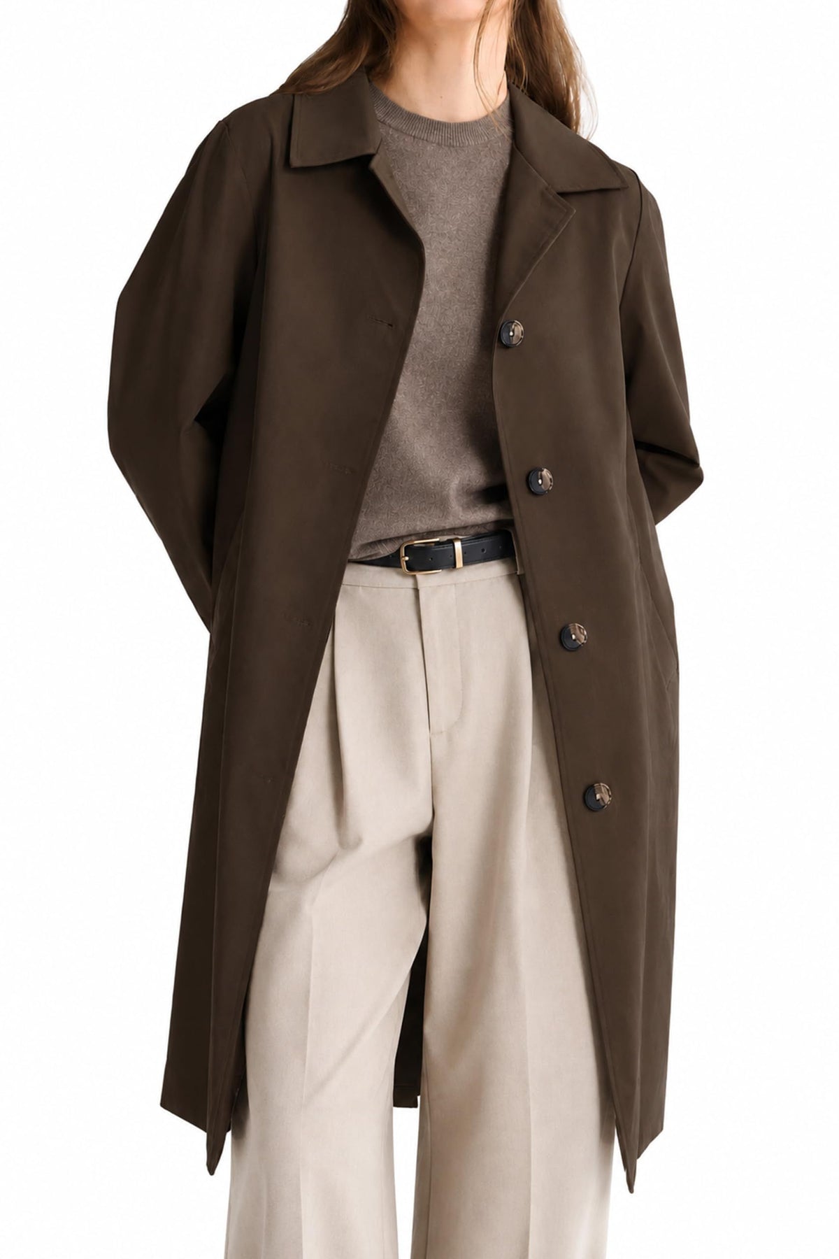 Women’s mid-length single-breasted trench coat perfect for office, weekend outings, and transitional seasons, L (dark brown)