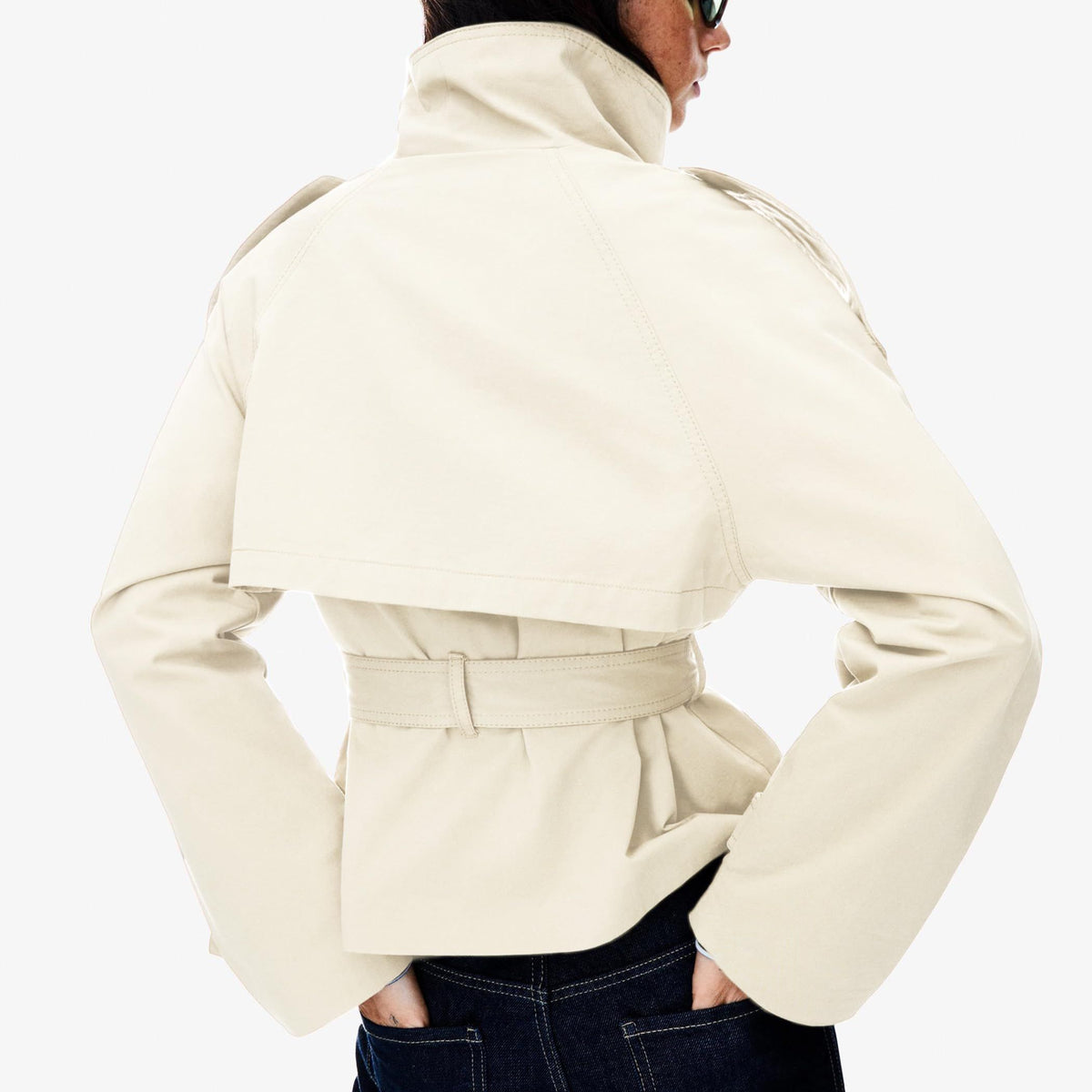 Versatile Short Double-Breasted Trench Jacket for Daily City Wear & Seasonal Layering, L (Off-White)