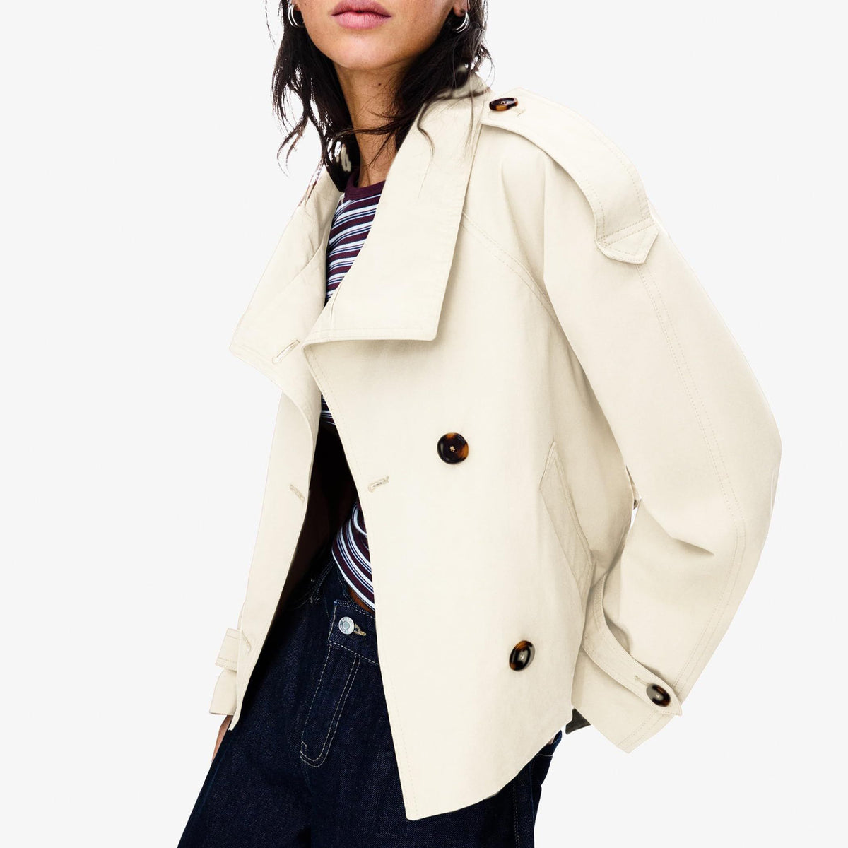Versatile Short Double-Breasted Trench Jacket for Daily City Wear & Seasonal Layering, XL (Off-White)