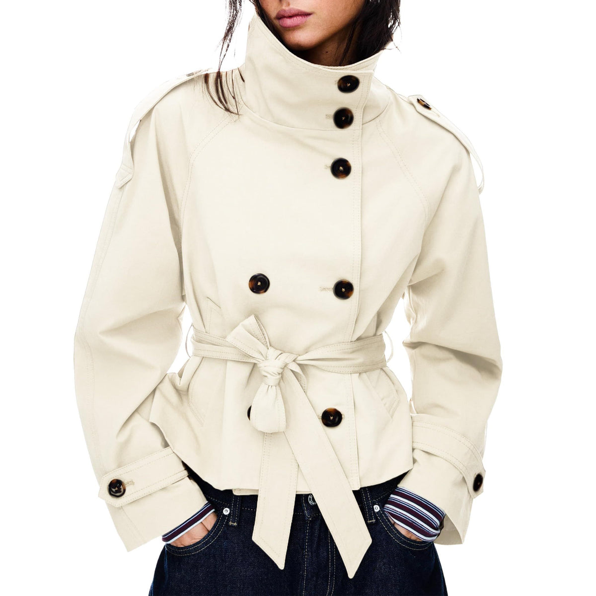 Versatile Short Double-Breasted Trench Jacket for Daily City Wear & Seasonal Layering, XXL (Off-White)