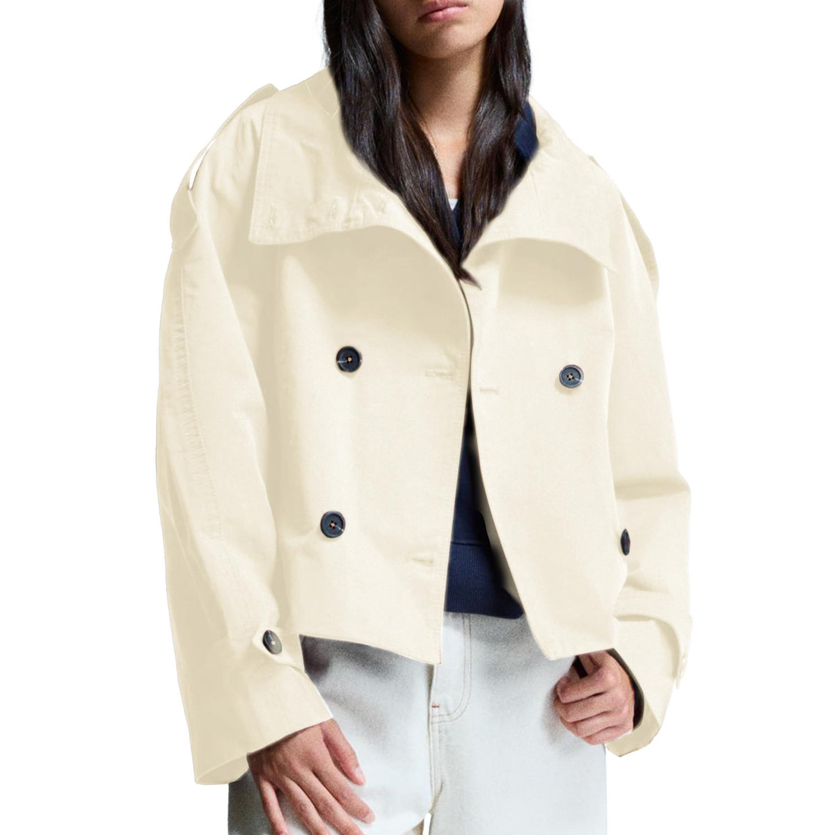 Versatile Short Double-Breasted Trench Jacket for Daily City Wear & Seasonal Layering, XXL (Off-White)