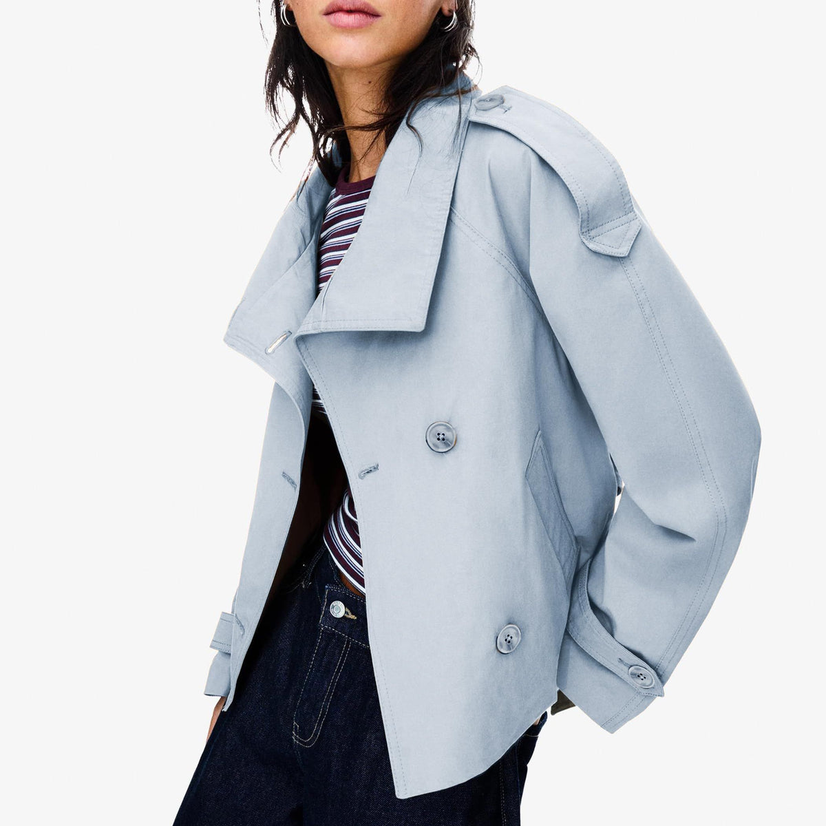 Women’s short trench coat, perfect for commuting, weekend getaways and autumn layering, XS (Light Grey Blue)