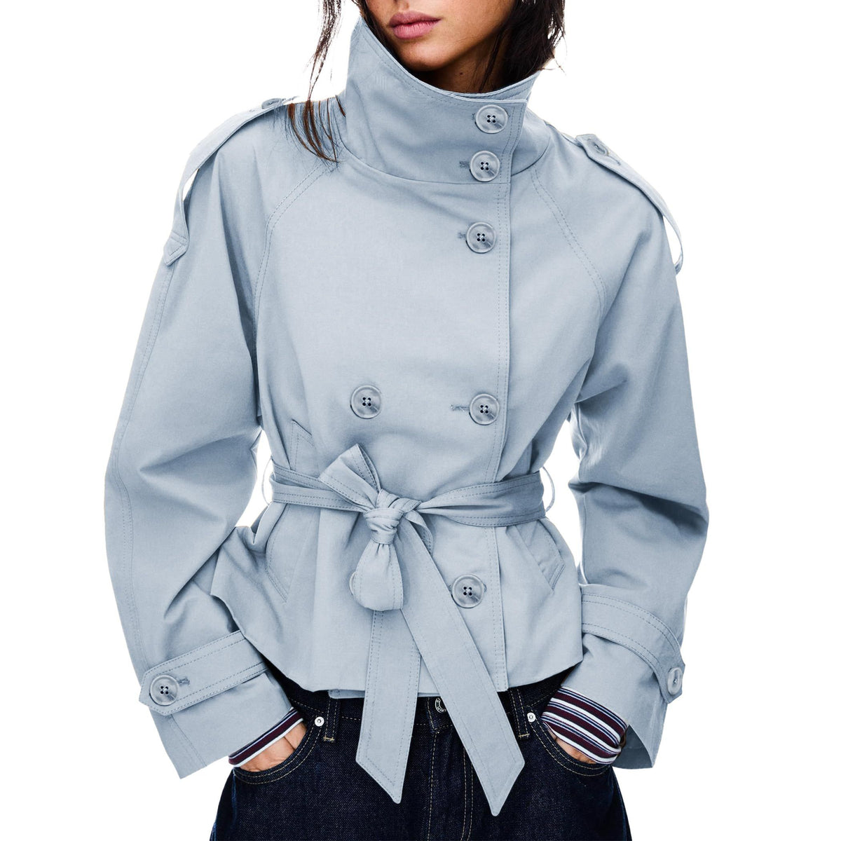 Women’s short trench coat, perfect for commuting, weekend getaways and autumn layering, S (Light Grey Blue)