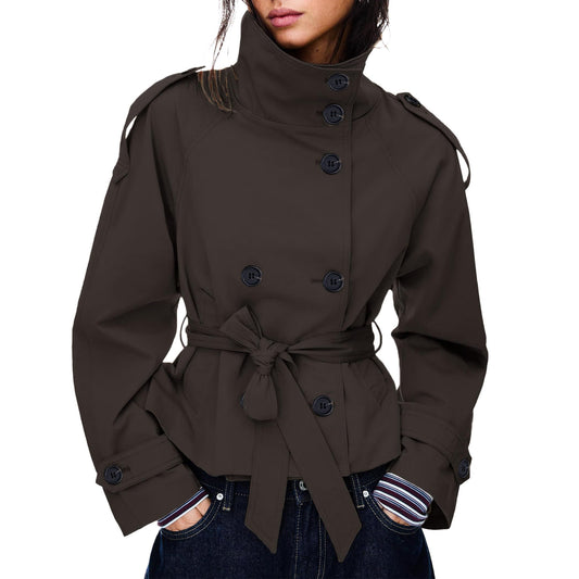 Women's short trench coat perfect for commutes, weekend getaways and layered fall outfits, XS (Dark Brown)