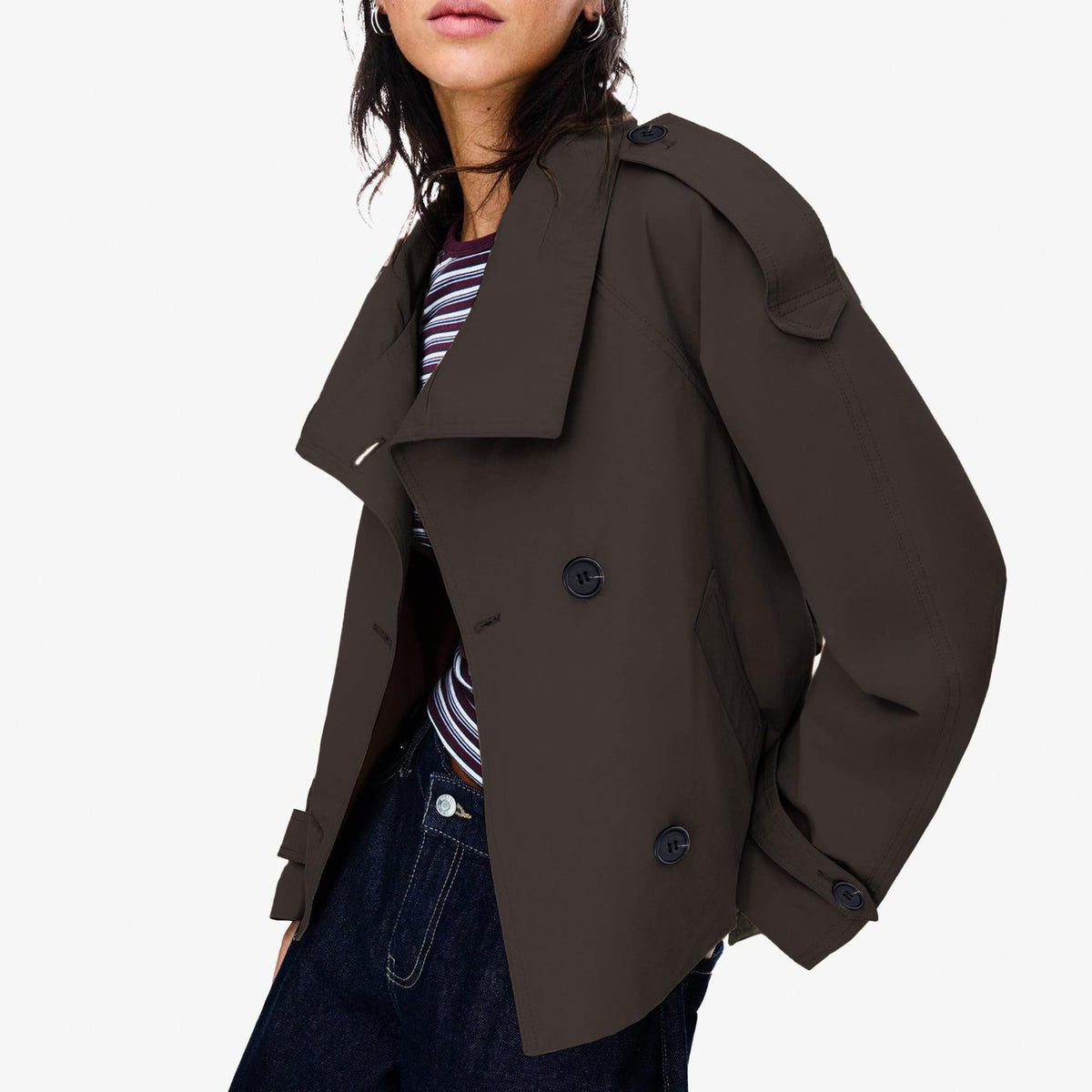 Women's short trench coat perfect for commutes, weekend getaways and layered fall outfits, M (Dark Brown)