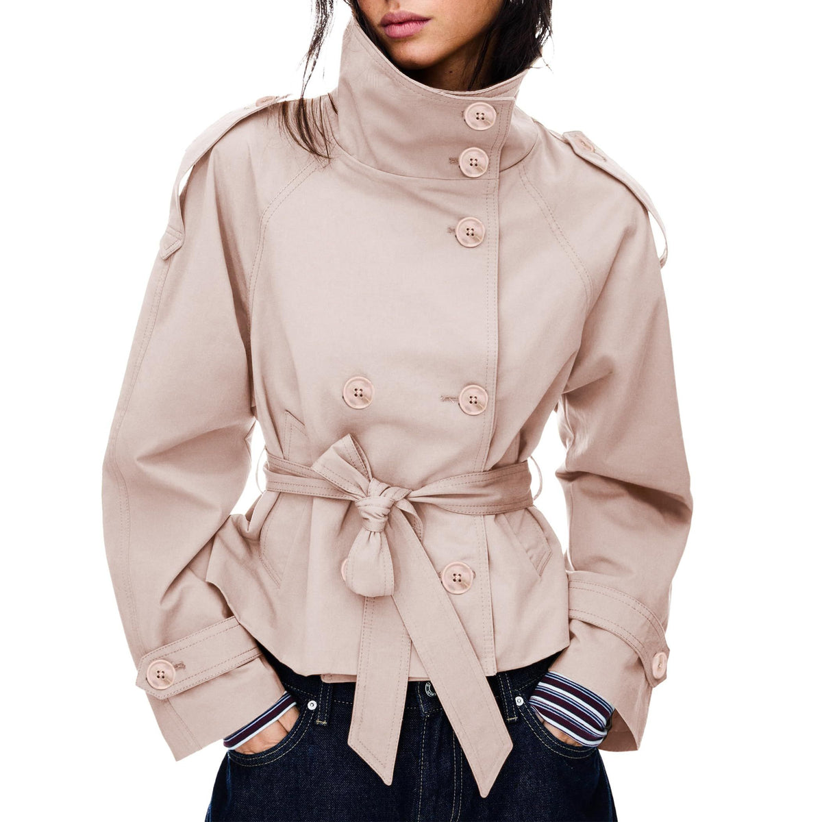 Cropped trench jacket for fall and winter, perfect for daily wear, commuting, and weekend trips, XS (Light Beige)