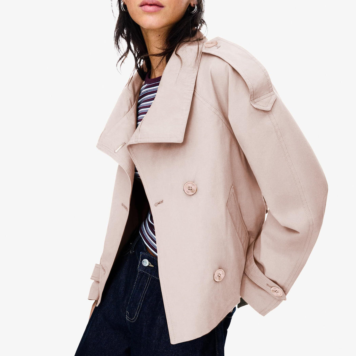 Cropped trench jacket for fall and winter, perfect for daily wear, commuting, and weekend trips, XS (Light Beige)