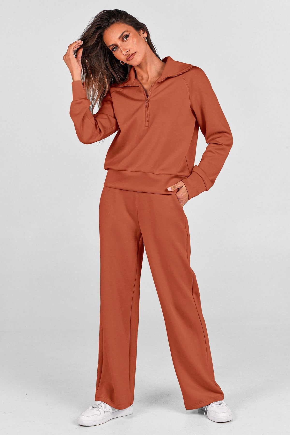 Women's 2-Piece Pullover & Wide-Leg Pants Set for Loungewear, Workouts & Casual Outings, S (Terracotta)