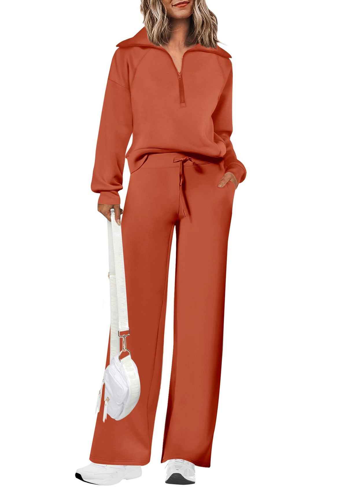 Women's 2-Piece Pullover & Wide-Leg Pants Set for Loungewear, Workouts & Casual Outings, L (Terracotta)