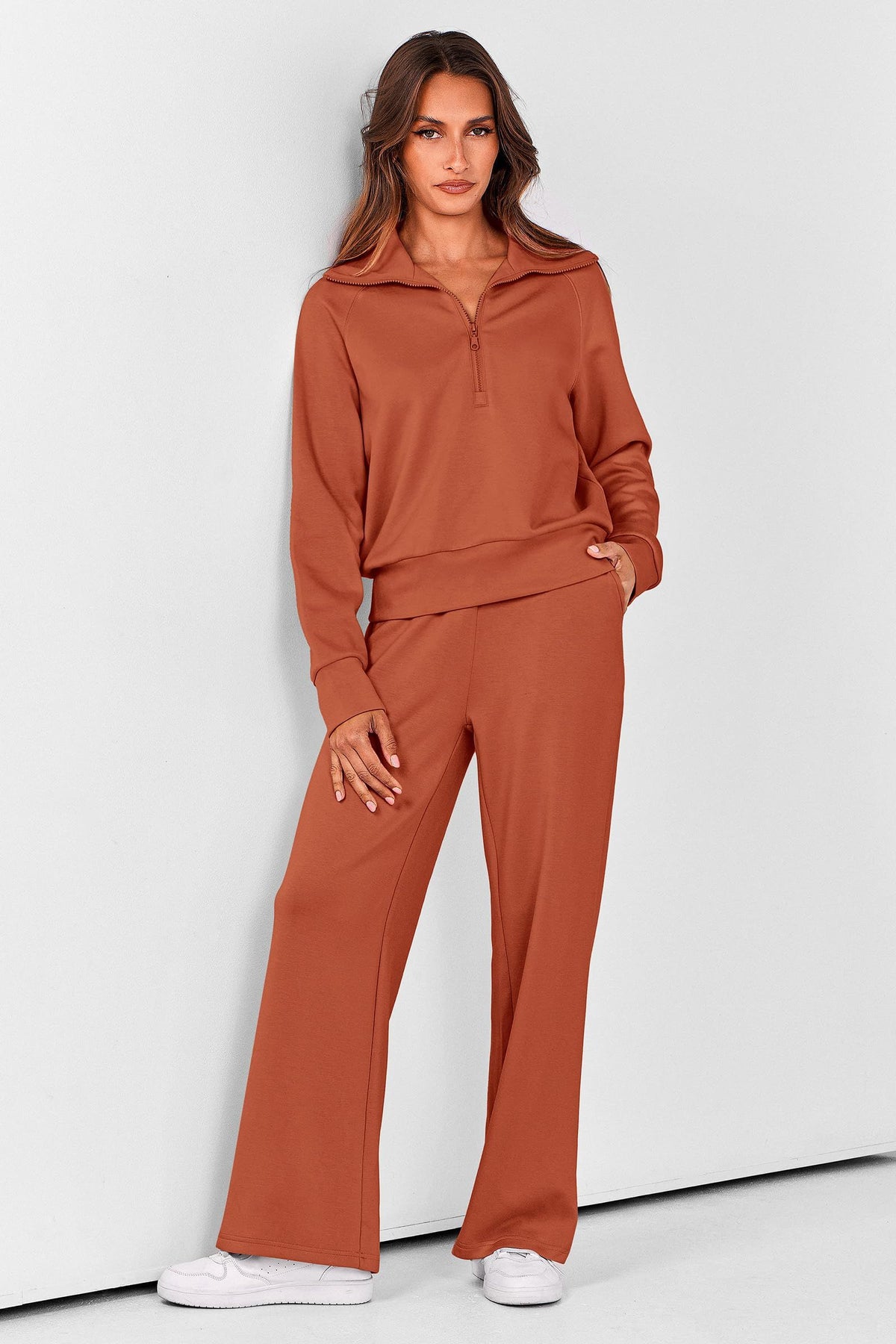 Women's 2-Piece Pullover & Wide-Leg Pants Set for Loungewear, Workouts & Casual Outings, L (Terracotta)