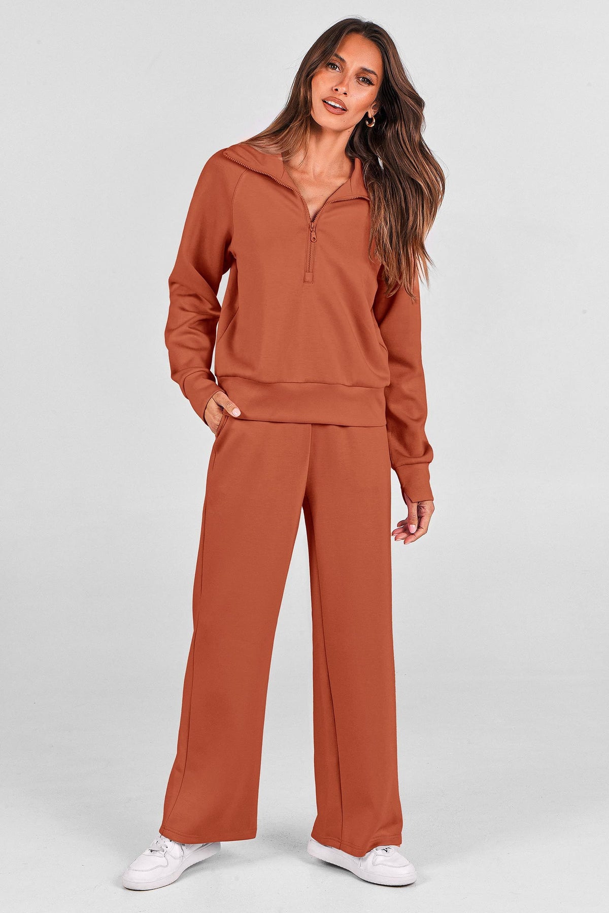 Women's 2-Piece Pullover & Wide-Leg Pants Set for Loungewear, Workouts & Casual Outings, L (Terracotta)