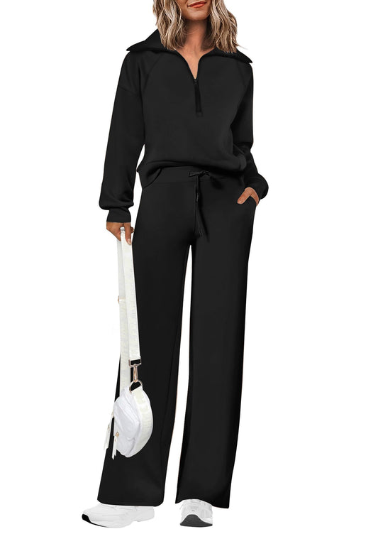 Women's 2-Piece Active Set for Casual Loungewear, Daily Errands, and Seasonal Comfy Style, M (Black)