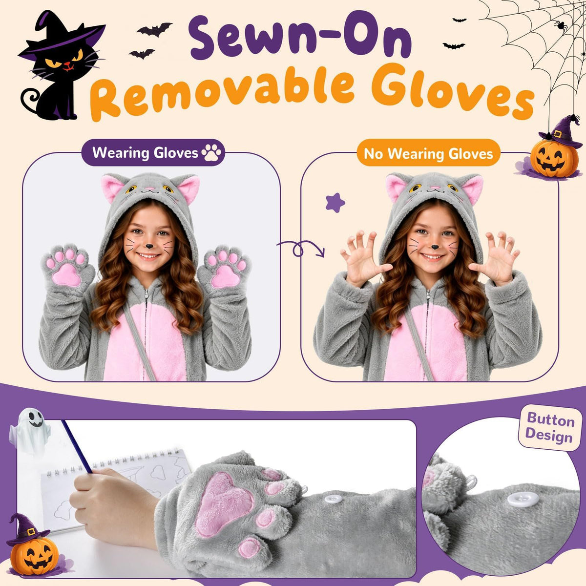Kids Cat Costume for Halloween, Dress-Up Parties, Trick-or-Treat & Role Play, XXL (gray)